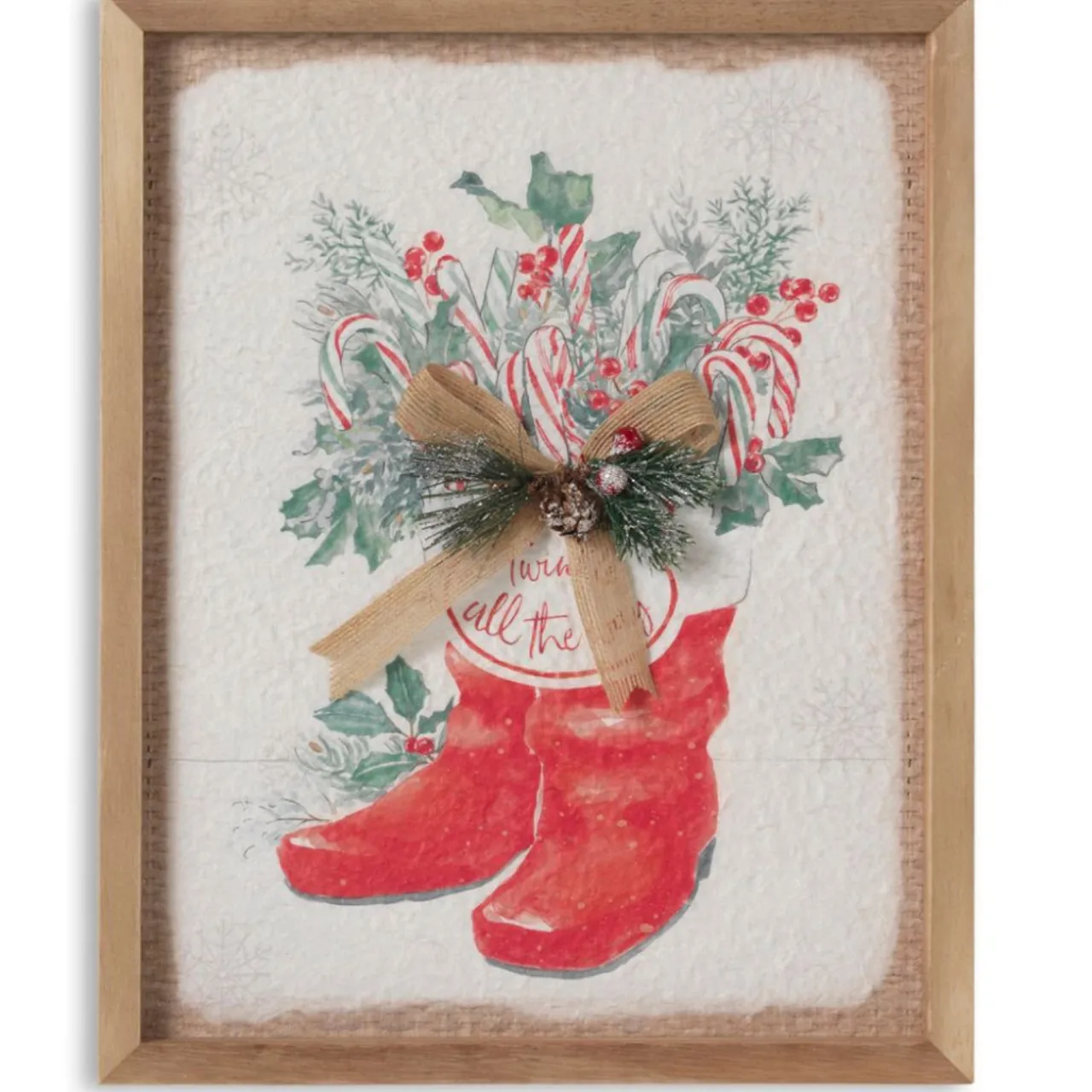 14 inch Santa Boots Wall Decor with Burlap Bow & Pine|