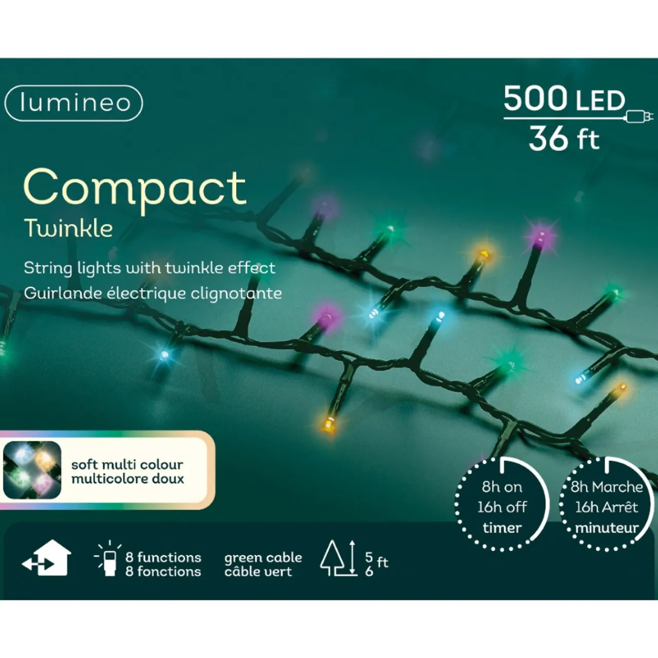 500 LED Compact Soft Multi Color Lights Green Wire - The Christmas Loft|Lumineo Sale