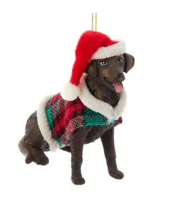 Chocolate Brown Labrador with Plaid Coat and Santa Hat Ornament|Kurt Adler Discount