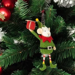 Felt Elf Mouse in Green Suit Holding Present Ornament| Outlet