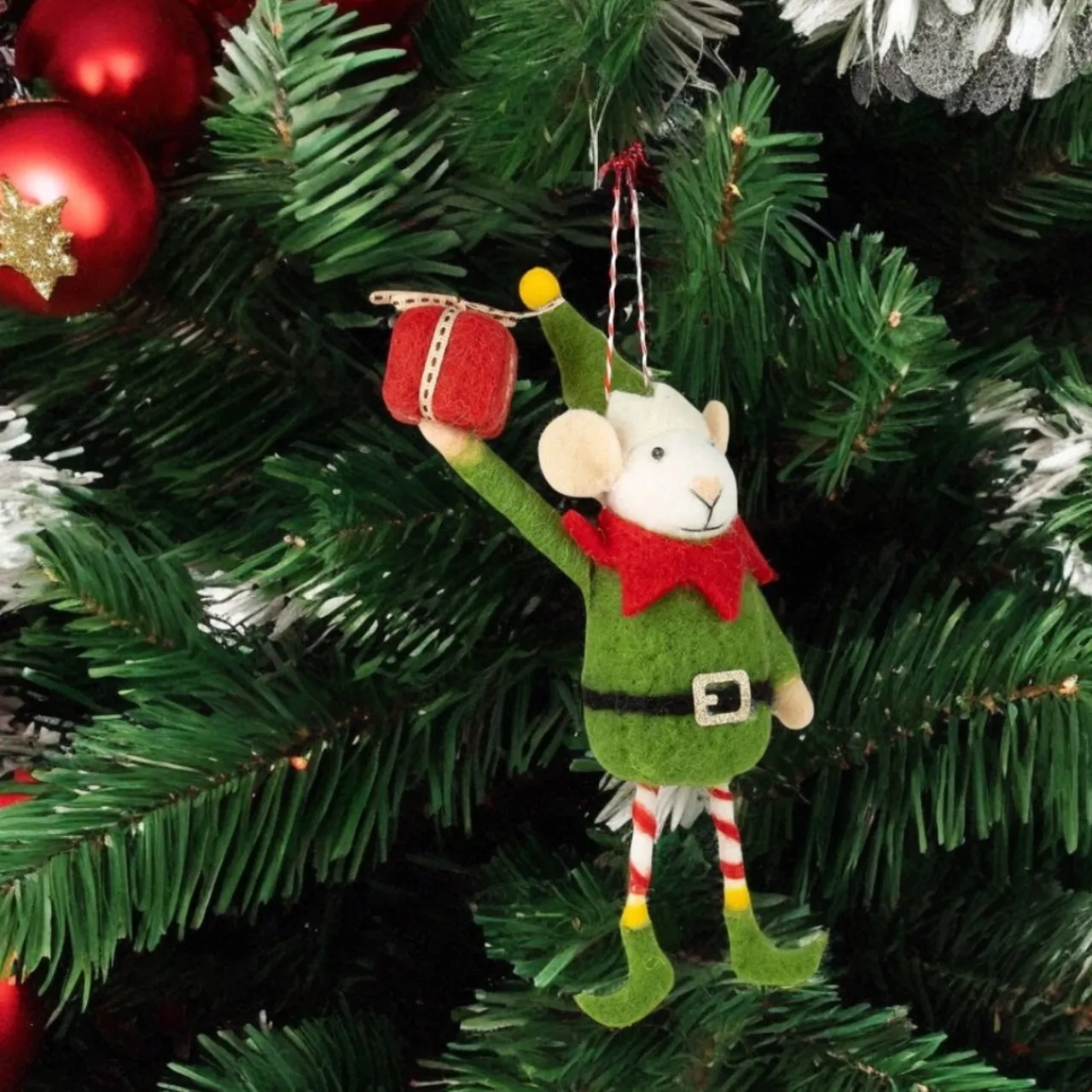 Felt Elf Mouse in Green Suit Holding Present Ornament| Outlet