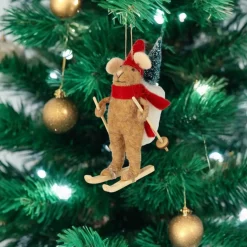 Felt Mouse Ornament on Wooden Skis with Red Scarf| Sale