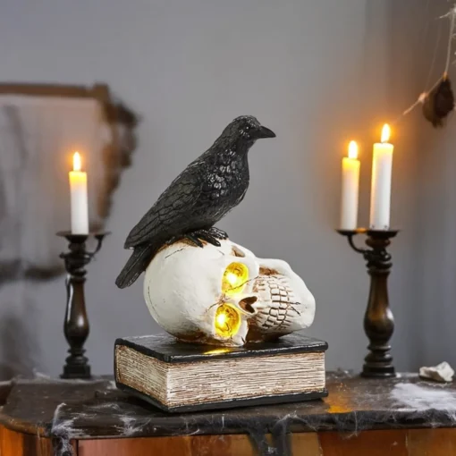 Lighted Nevermore Raven & Skull Figurine| New
