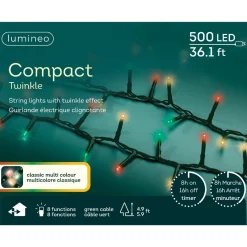 500 LED Classic Multi Color Compact Twinkle Lights, Green Wire, 36 ft|Lumineo New