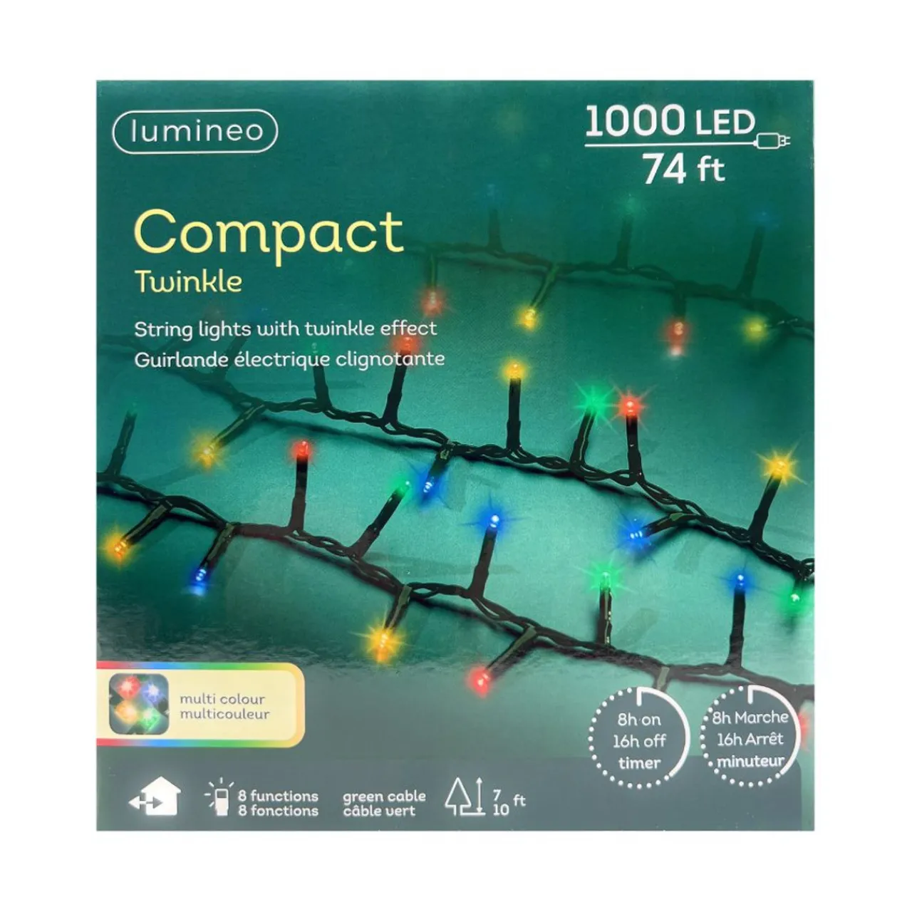 1000 LED Multi-Colored Christmas Compact Lights Set, Green Wire 74 Feet|Lumineo