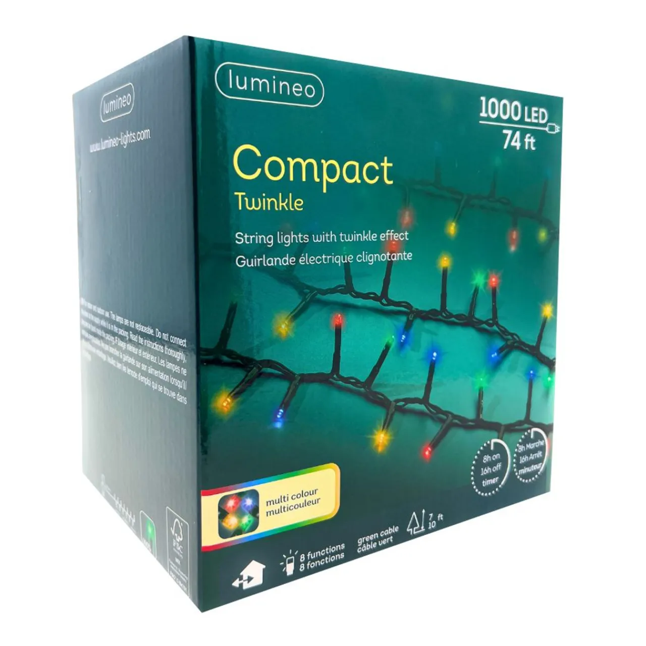 1000 LED Multi-Colored Christmas Compact Lights Set, Green Wire 74 Feet|Lumineo