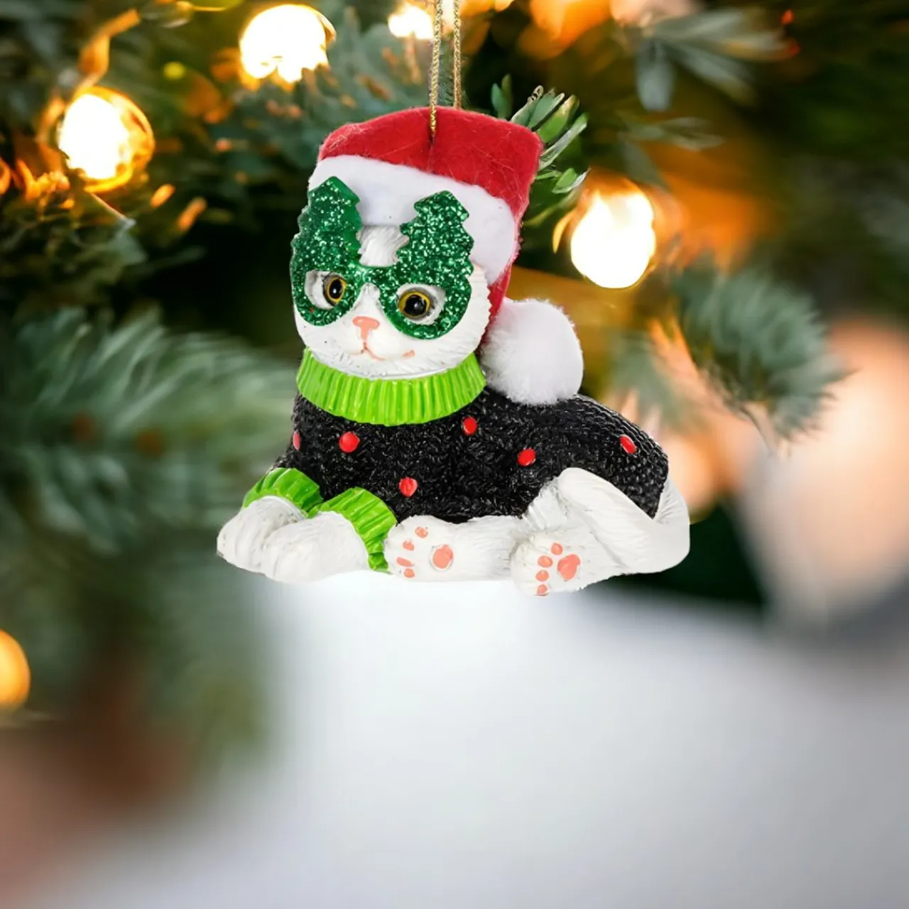 Navidad Cat with Green Tree Glasses Ornament|