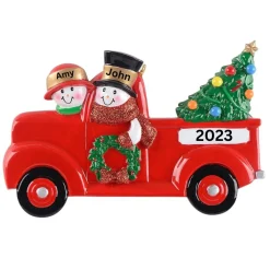 Personalized Snowman Couple In Red Truck Ornament| Clearance