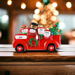 Personalized Snowman Family Of 4 In Red Truck Ornament| Online