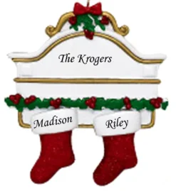 Personalized White Mantle with 2 Red Stockings Ornament - The Christmas Loft| Online