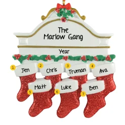 Personalized  White Mantle with 7 Red Stockings Ornament - The Christmas Loft| Outlet