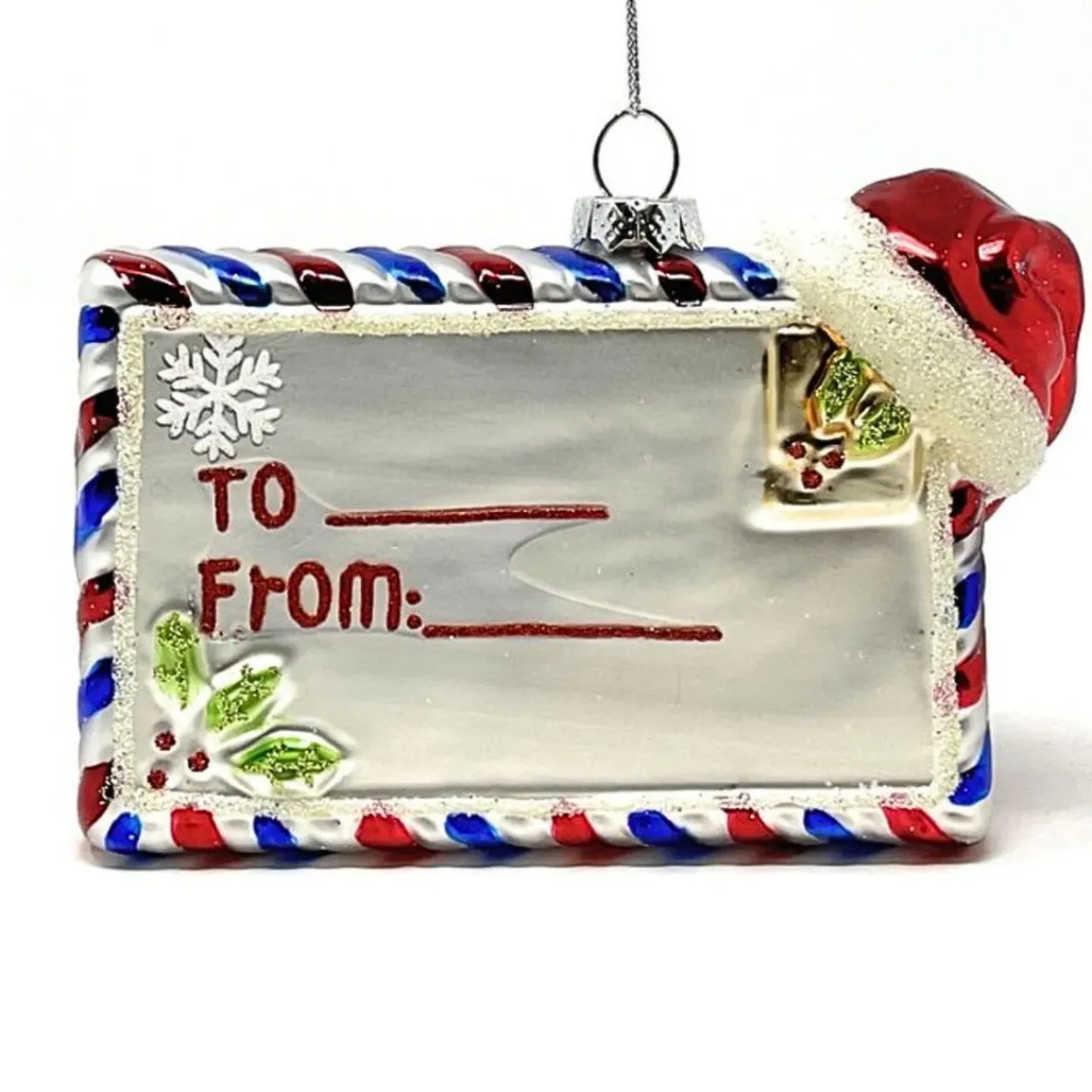 Present Tag Ornament with Santa Hat and Holly| Clearance